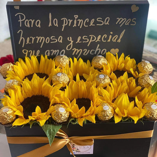 Caja Negra con Girasoles y Chocolates