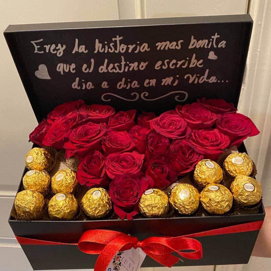 Caja negra con rosas y chocolates